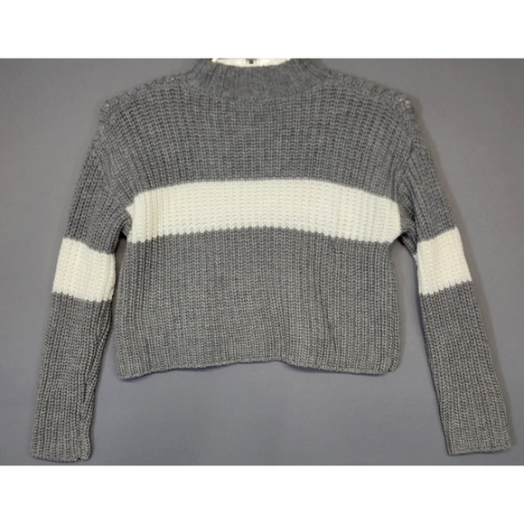 Forever 21 Sweater Womens Medium Gray White Stripe Chunky Knit Mock Neck Cropped - Picture 10 of 11